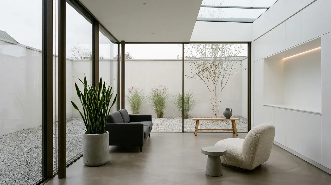 Sade çizgiler ve nötr renklerle düzenlenmiş modern minimalist kış bahçesi